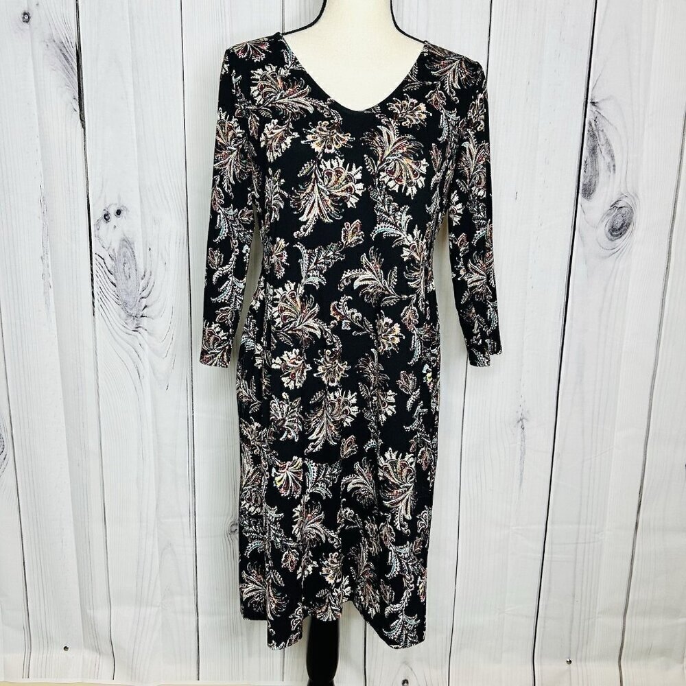 J Jill Wearever Collection Dress Women Sz S Knit V-Neck Floral 3/4 Sleeve